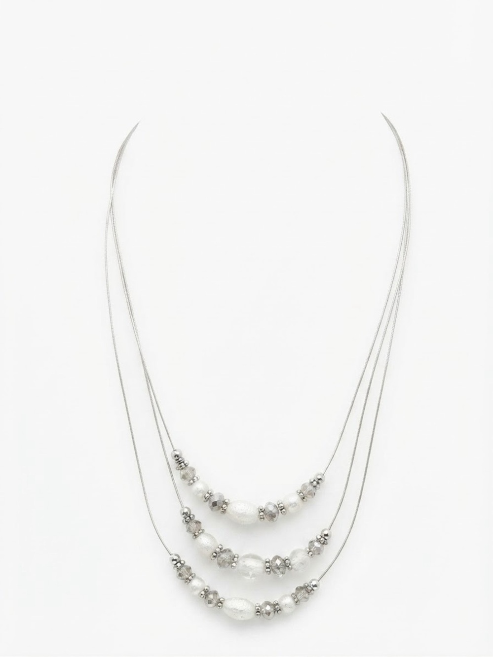 ✨ Elegant Multi-Strand Silver Foil & Crystal Bead Necklace! ✨